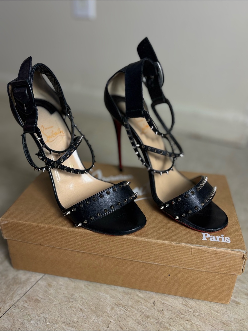 Christian Louboutin Black Studded Strappy Sandals with Red Soles
